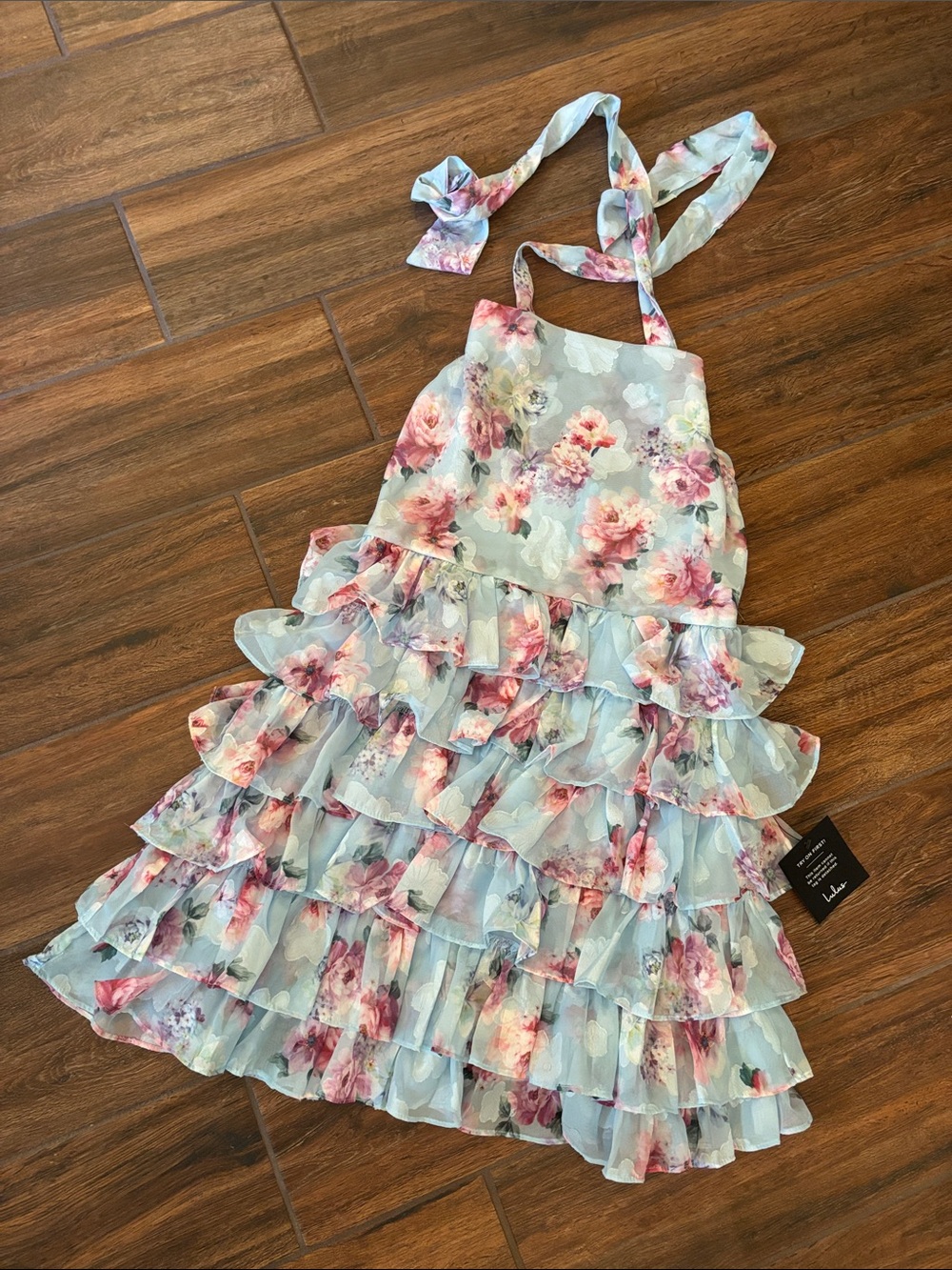 NWT Lulus Trending Adorable Light Blue Floral Tiered Halter Mini Dress - Picture 3 of 7